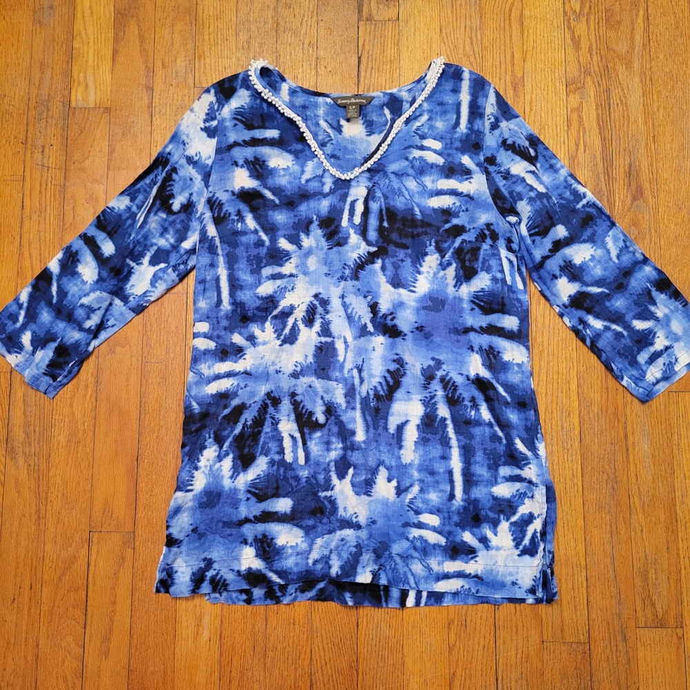 Tommy Bahama S Tunic Blue Linen Palm Tree Tie Dye Pom Pom Trim Coastal Beach